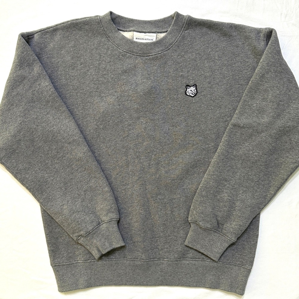 Maison Kitsune Monochrome‎ Fox Head Patch Sweatshirt M Grey Cotton Crewneck NWT
